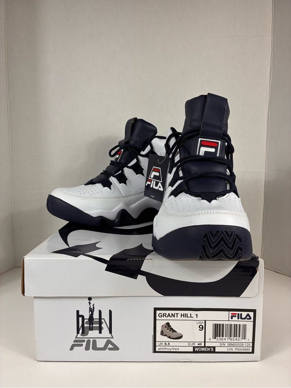 Fila Grant Hill 1 High-Top Basketball Sneakers in White, Navy & Red